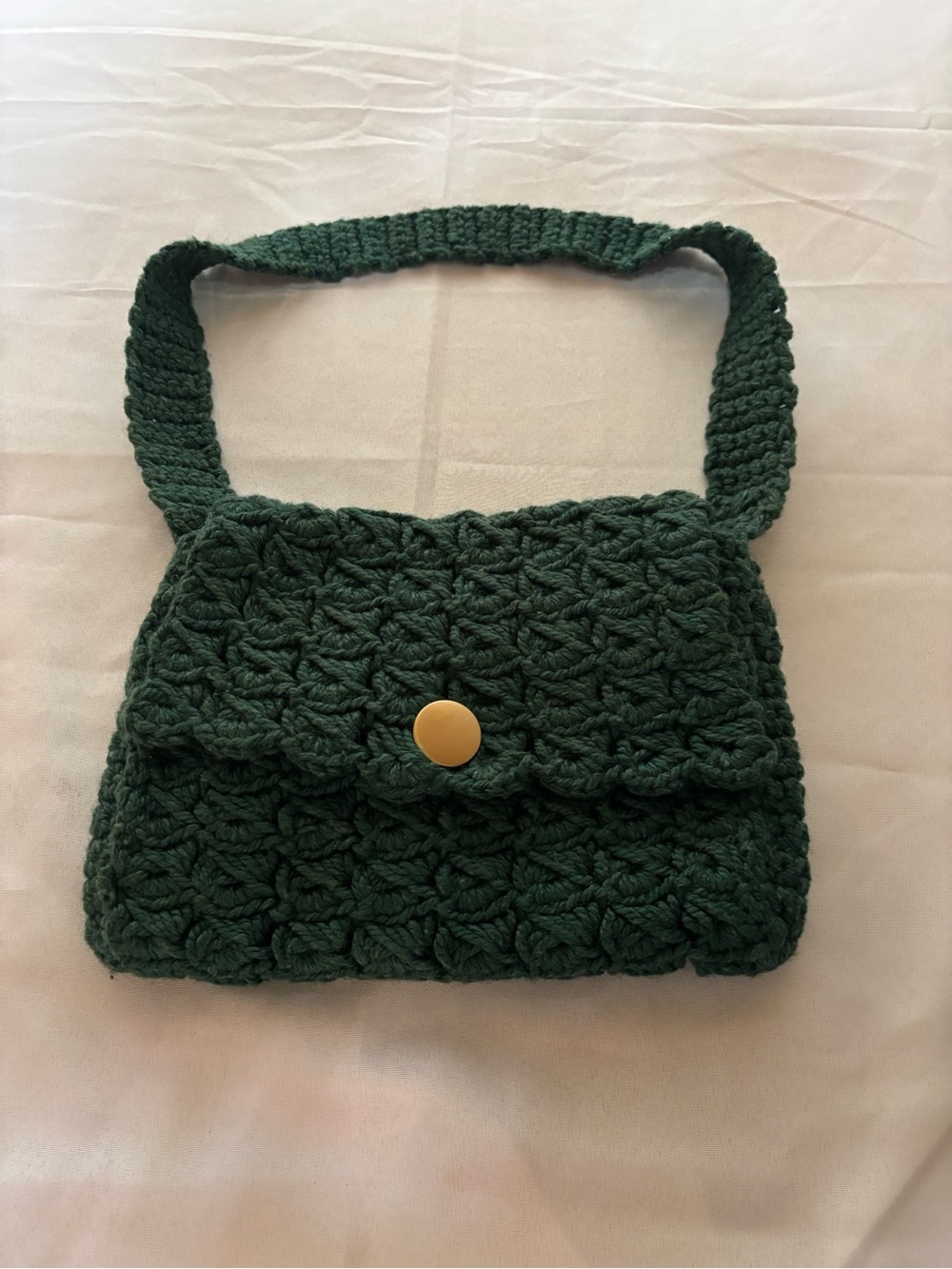 Handmade Forest Green Crocheted Shoulder Bag Thick Knit Lined Boho Purse.